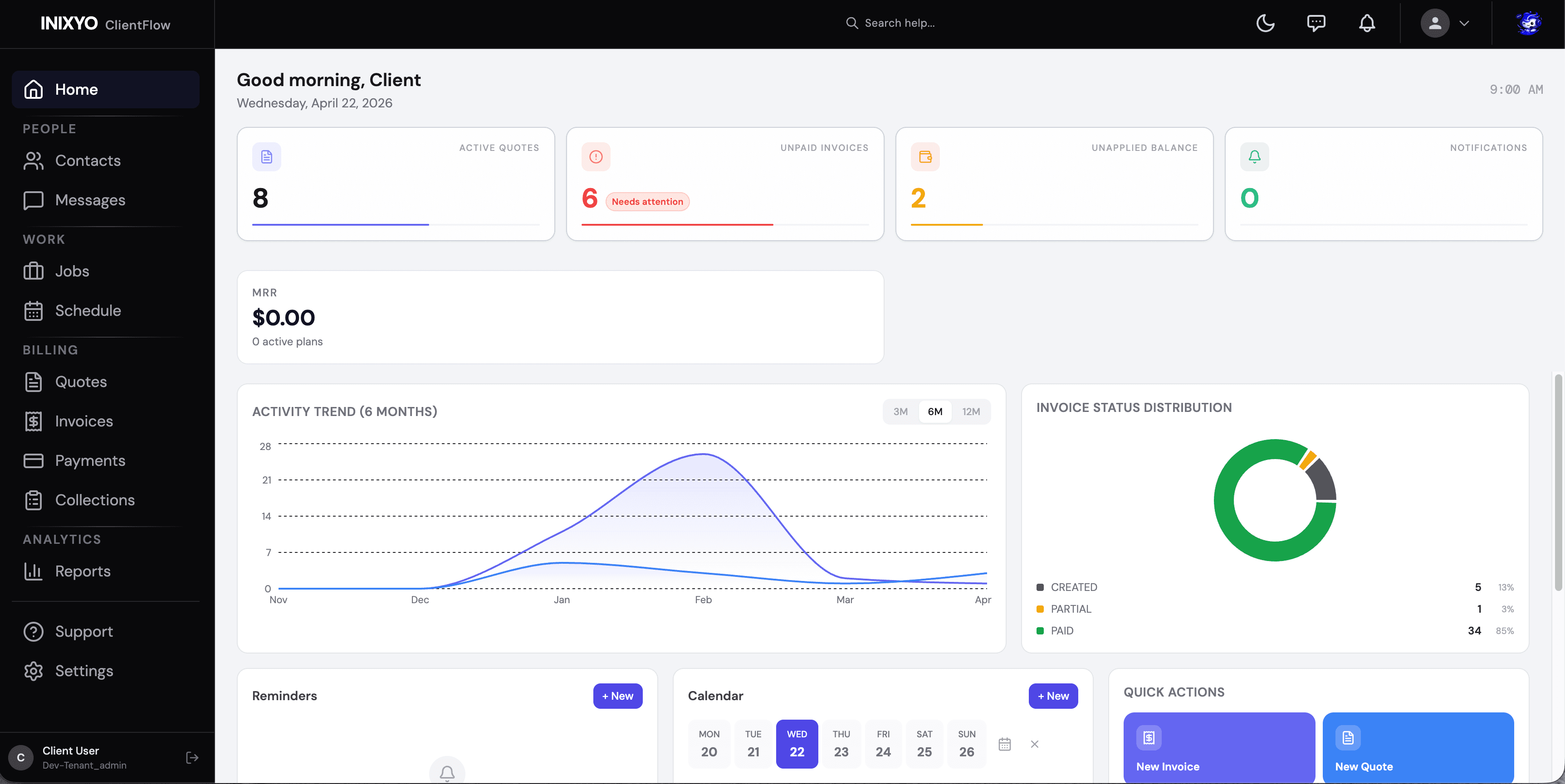 ClientFlow dashboard - jobs, invoices, and business overview